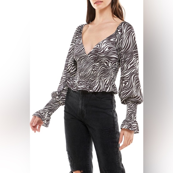 WAYF Heartbreaker Smock Waist Blouse in Espresso Zebra - Picture 3 of 13